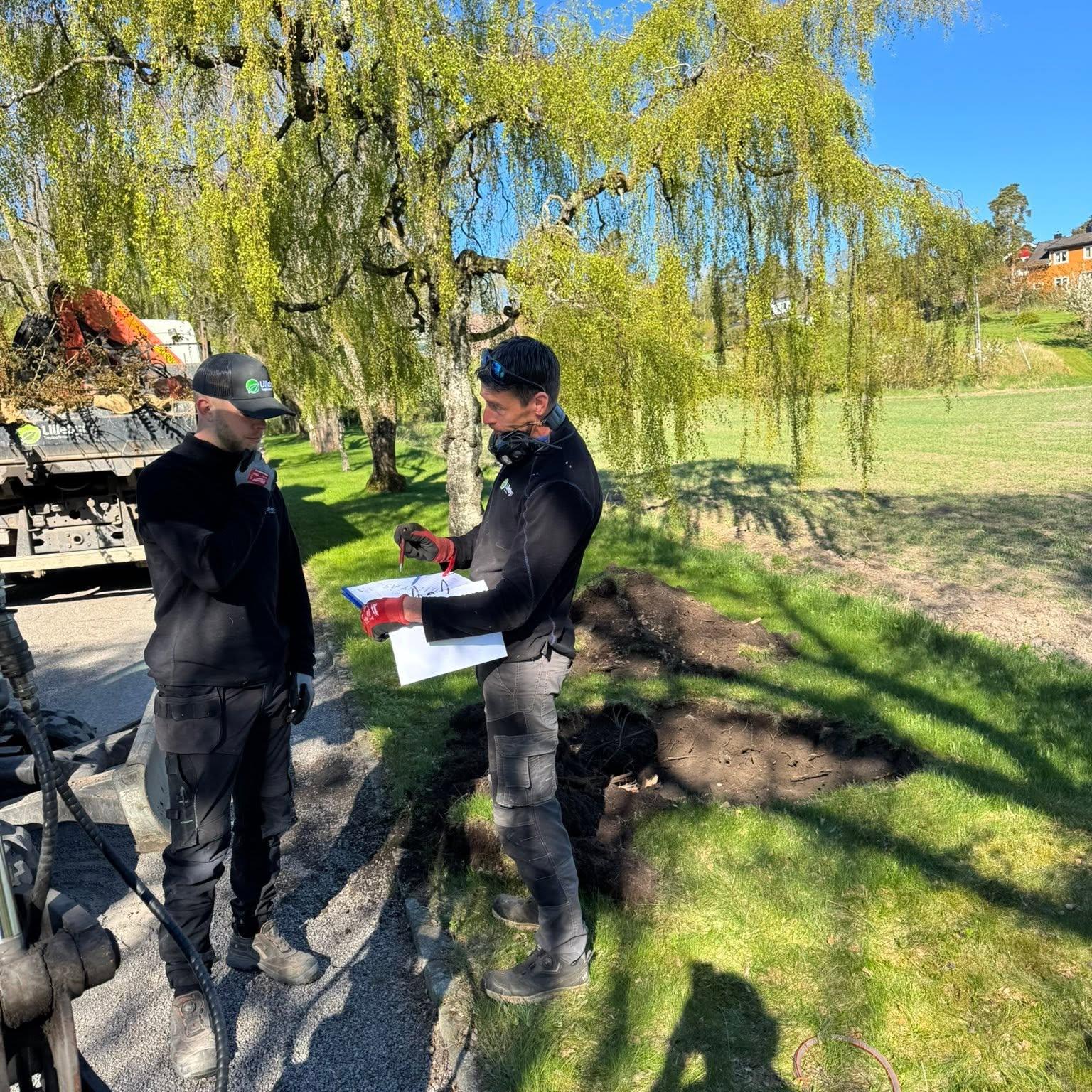 To fagfolk går befaring i en hage