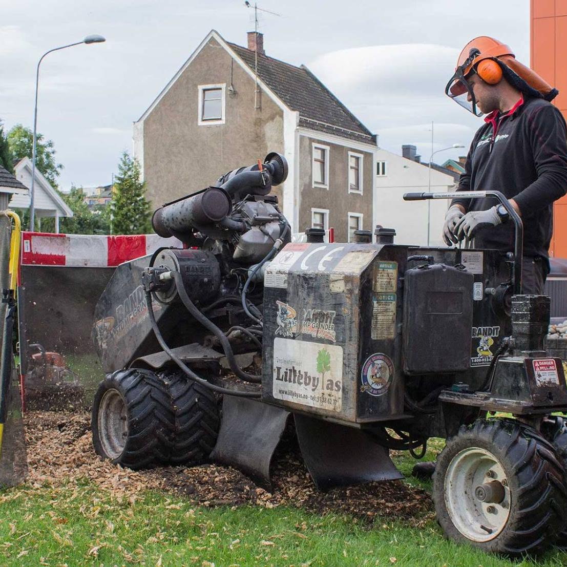 Stubbefreser med verneskjerm i arbeid på en plen