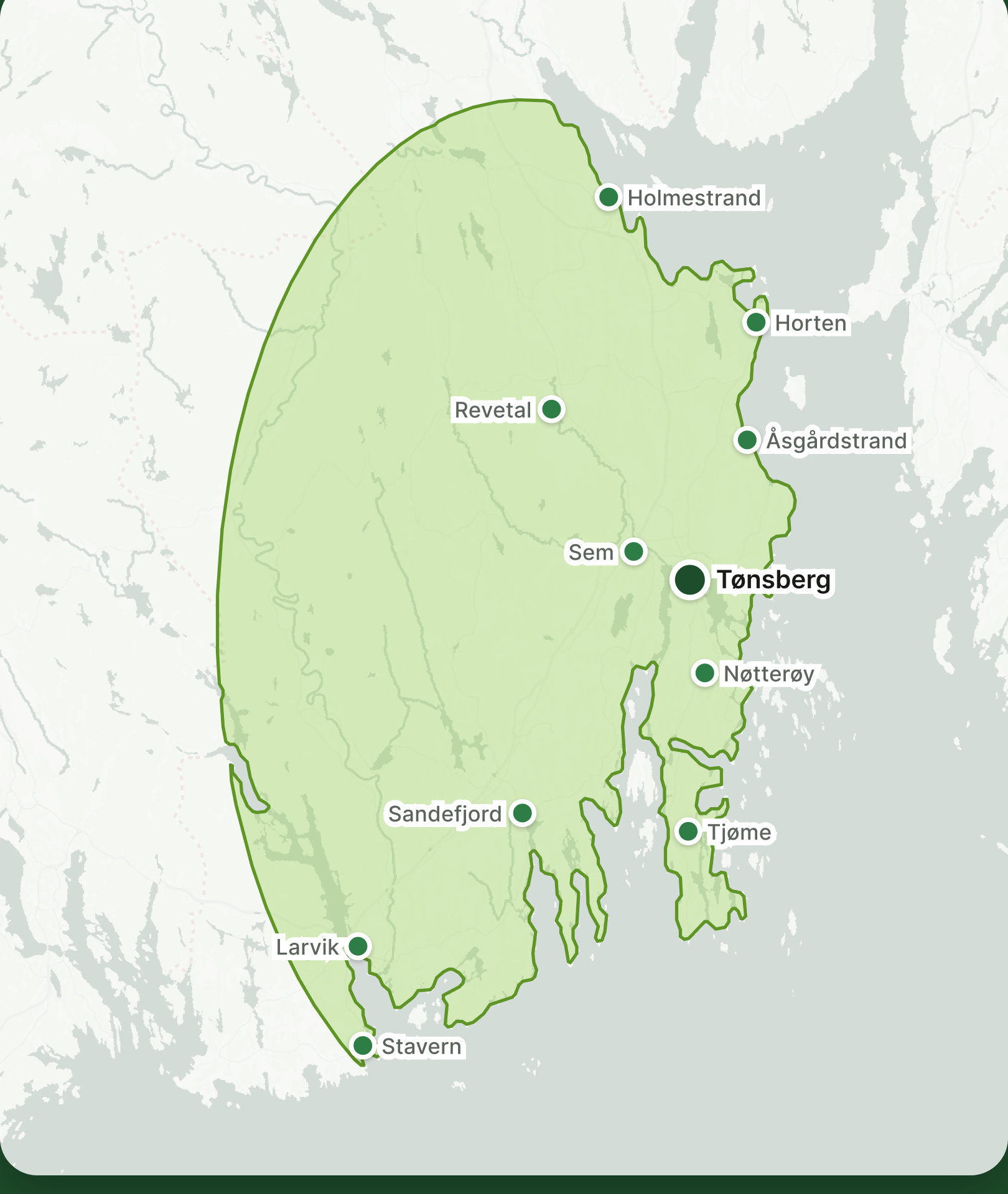 Kart over området Lilleby AS betjener i Vestfold – fra Holmestrand i nord til Stavern i sør, med Horten, Åsgårdstrand, Revetal, Sem, Tønsberg, Nøtterøy, Tjøme, Sandefjord og Larvik.