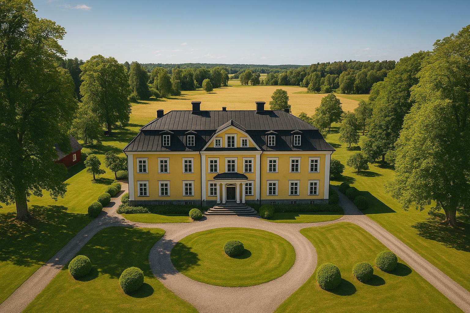 Fågelperspektiv av en klassisk svensk herrgård med gul fasad, omgiven av grönskande trädgård, grusvägar och öppna fält – perfekt för konferenser nära Stockholm.