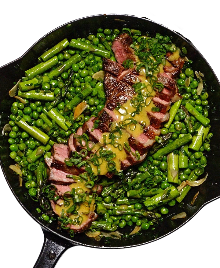 One-Skillet Steak and Spring Veg with Spicy Mustard