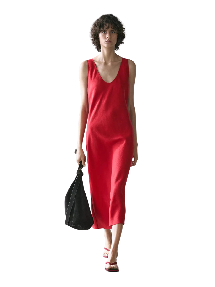 100% linen strappy midi dress