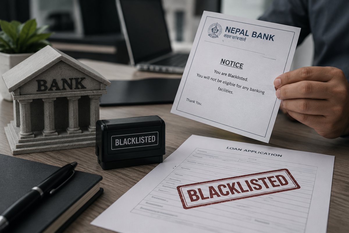A realistic, muted-toned image depicting bank blacklisting in Nepal, with a bank model, a person holding an official notice, loan documents, and a prominent “BLACKLISTED” stamp on a loan application.