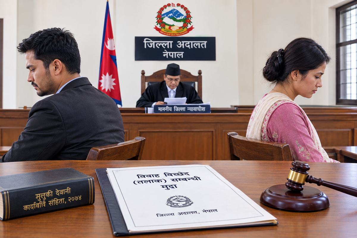 A Nepali district courtroom showing a divorce hearing, with an estranged couple seated apart, a judge reviewing documents, the Nepal flag and emblem, and a divorce case file with a gavel on the foreground table.