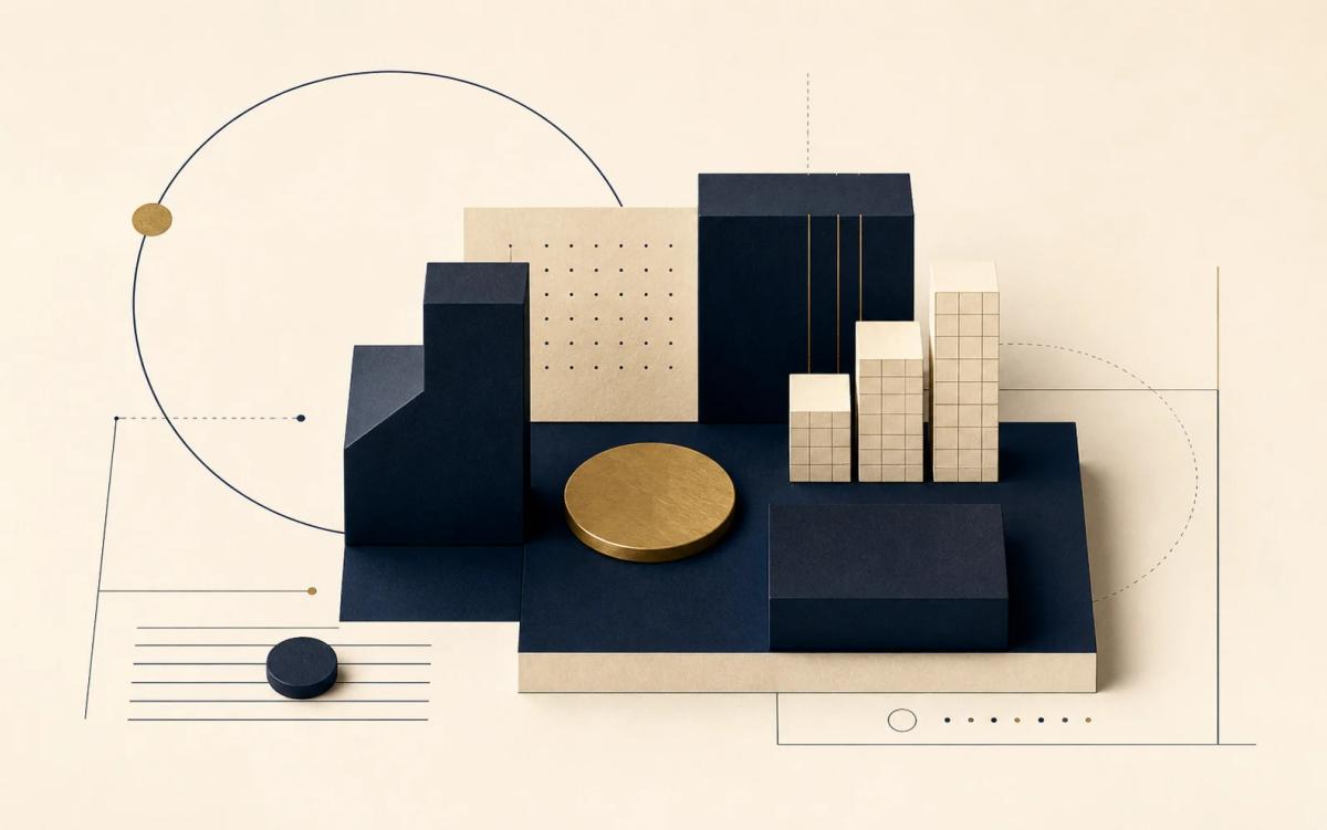 Abstract navy and brass editorial illustration for company registration.