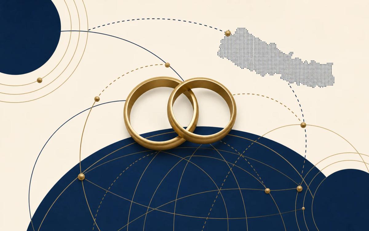 Abstract navy and brass editorial illustration for court marriage involving a foreign national.