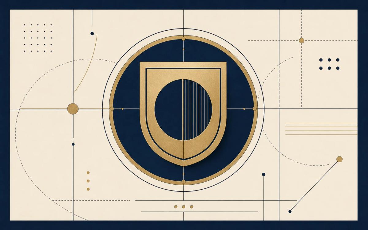 Abstract navy and brass editorial illustration for trademark registration.