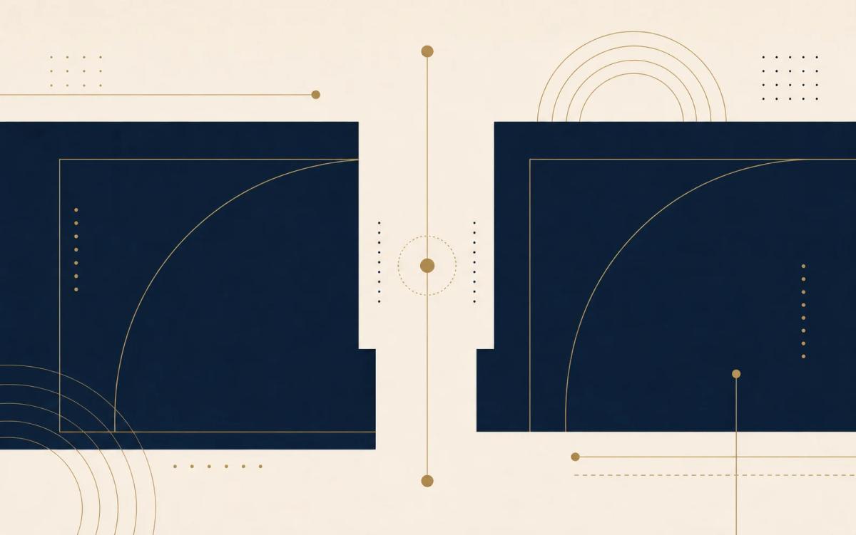 Abstract navy and brass editorial illustration for divorce-related legal grounds.