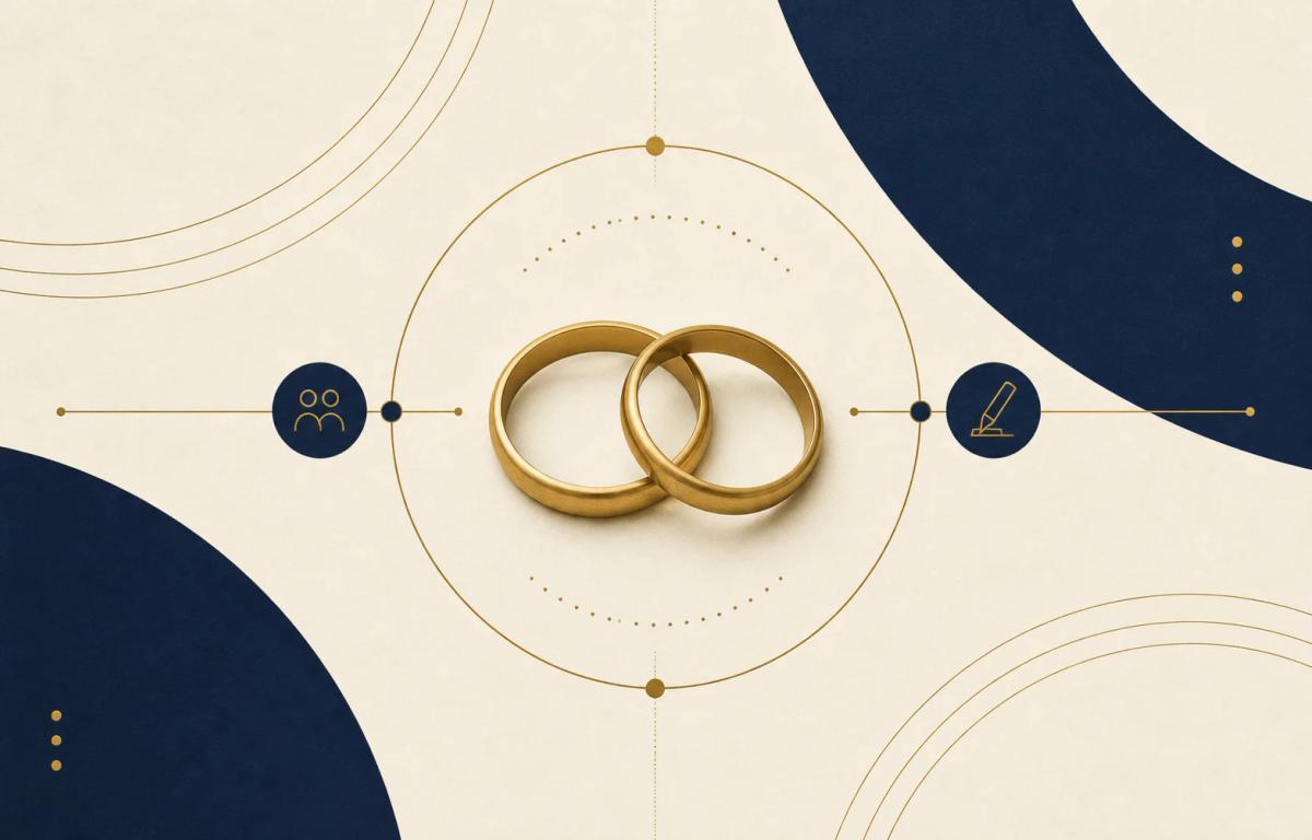 Abstract navy and brass editorial illustration for court marriage.