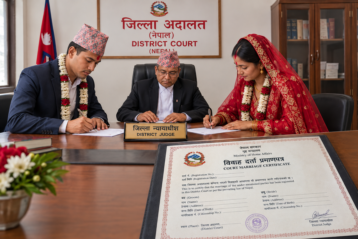 The couple wear traditional wedding attire and floral garlands before a district judge inside a District Court signing the consent paper for court marriage and a Court Marriage Certificate is visible in the scene.  