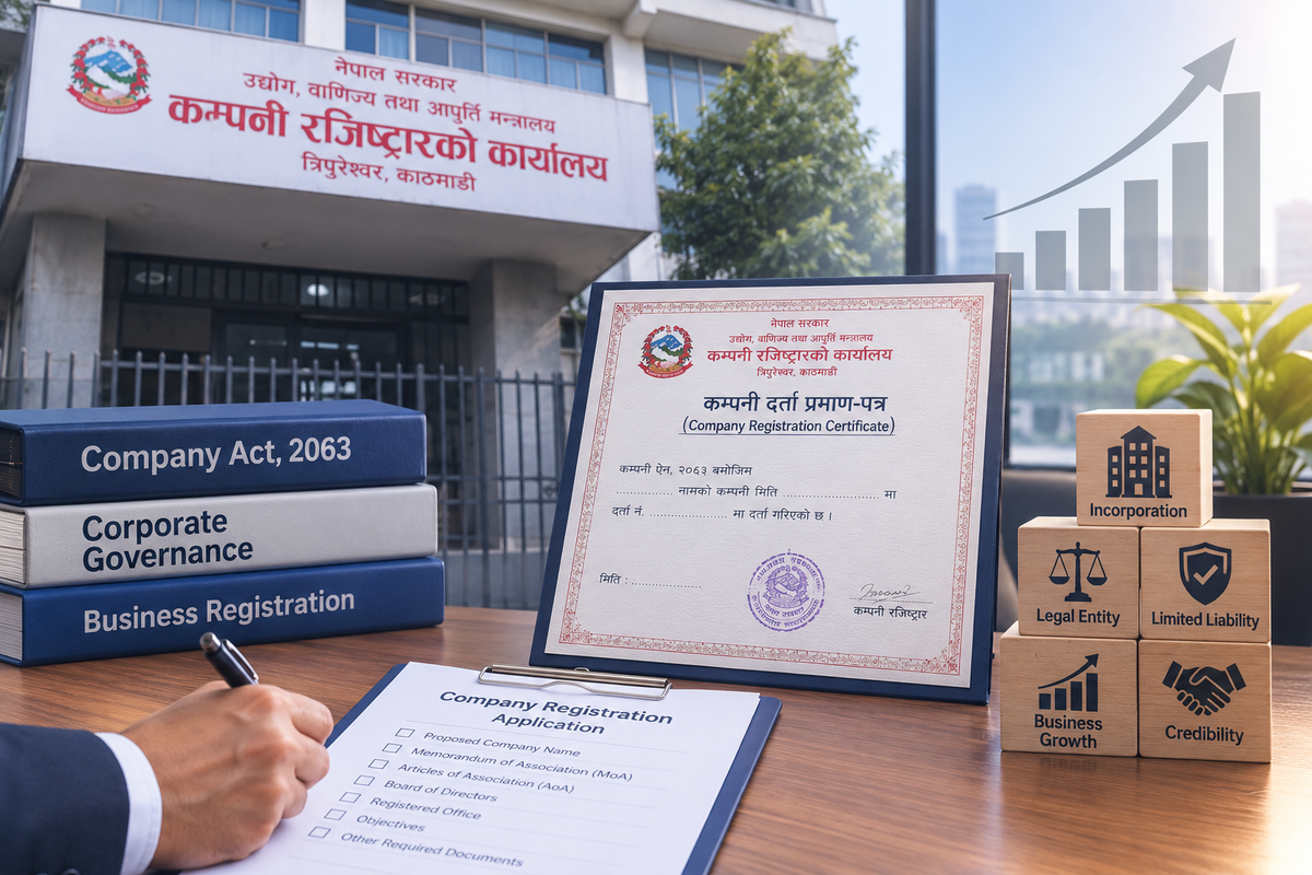 Company Registration Certificate stands in front of the Office of the Company Registrar building, alongside a stack of books labeled "Company Act, 2063," "Corporate Governance," and "Business Registration".
