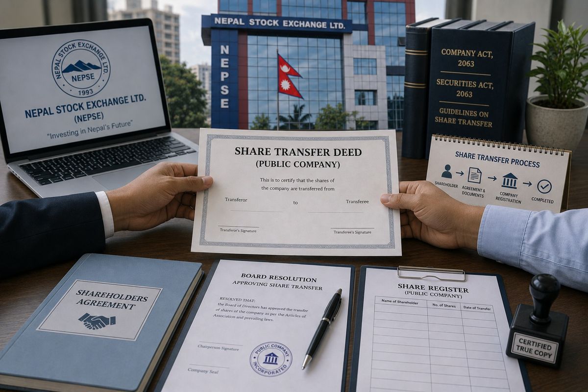 Two business professionals exchange a share transfer deed for a public company at a corporate desk, with Nepal Stock Exchange (NEPSE) visible on a laptop and in the background, alongside a board resolution, shareholder agreement, share register, and legal documents.