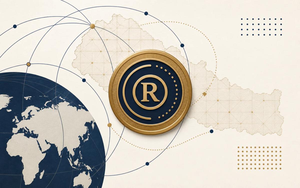 Abstract navy and brass editorial illustration for foreign trademark registration.