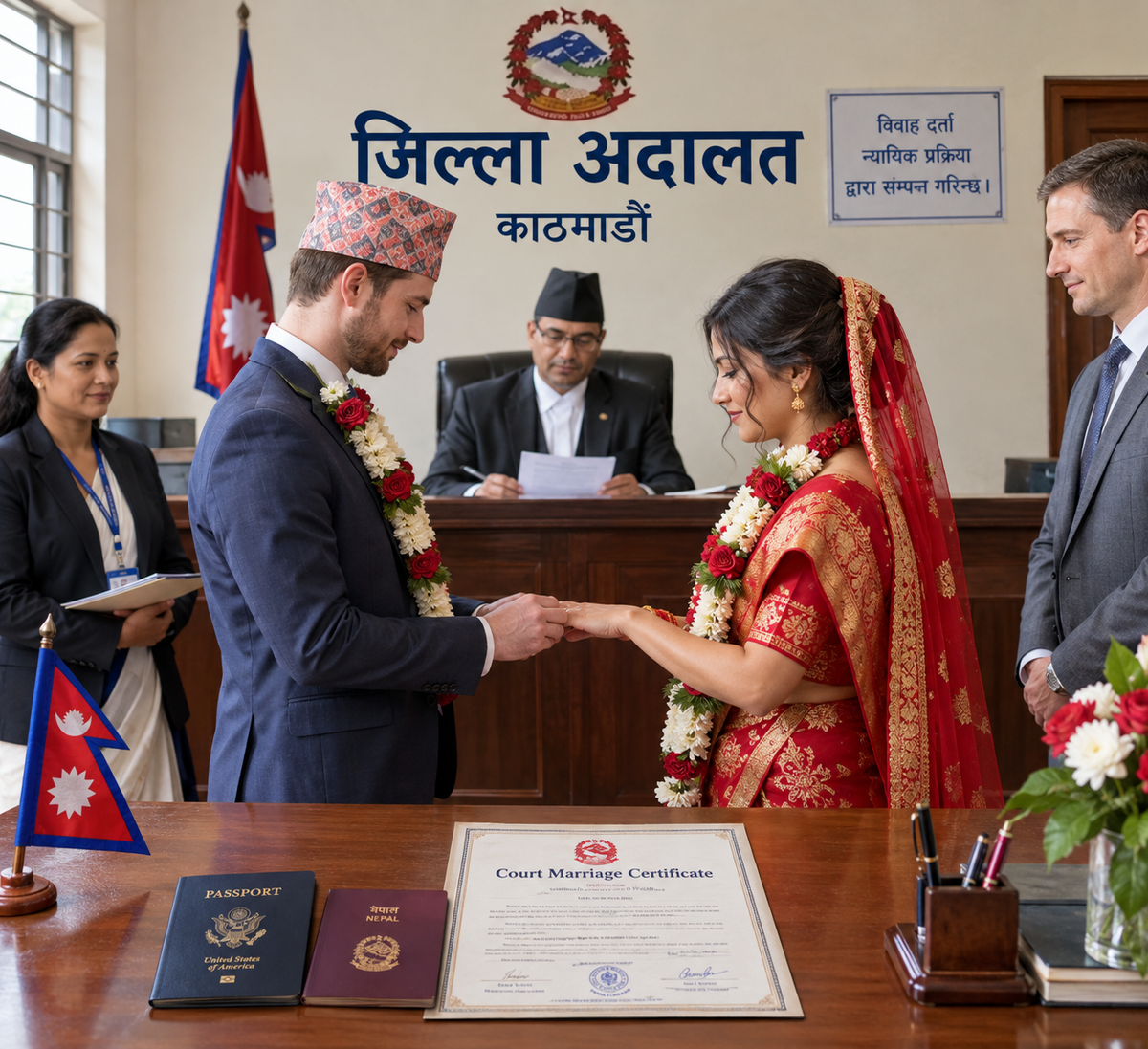 A Nepali district court scene showing a court marriage between a Nepali bride and a foreign groom, with a judge officiating, witnesses present, Nepal’s flag and national emblem, and a court marriage certificate and passports displayed on the desk.