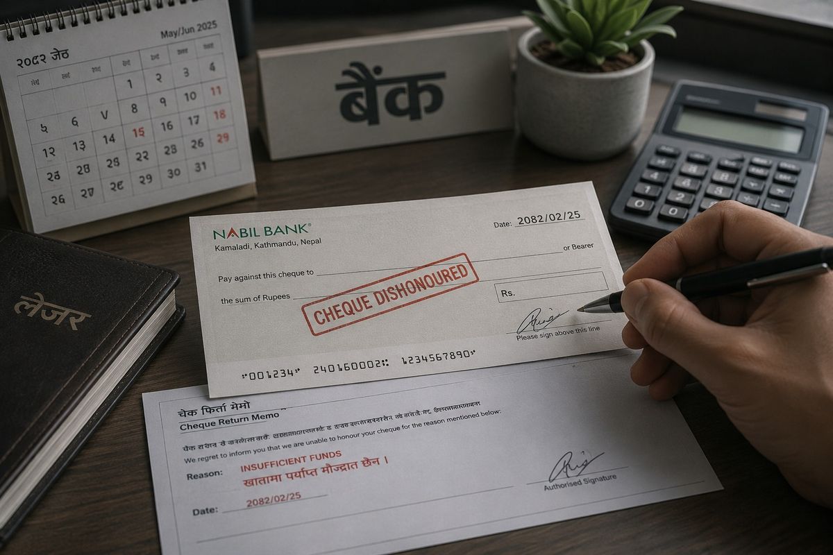 A realistic Nepali banking scene showing a cheque marked “CHEQUE DISHONOURED” for insufficient funds, placed on a desk beside a cheque return memo, calculator, Nepali calendar, ledger, and a bank sign. A person’s hand holds a pen near the cheque, illustrating cheque bounce or dishonour in Nepal.