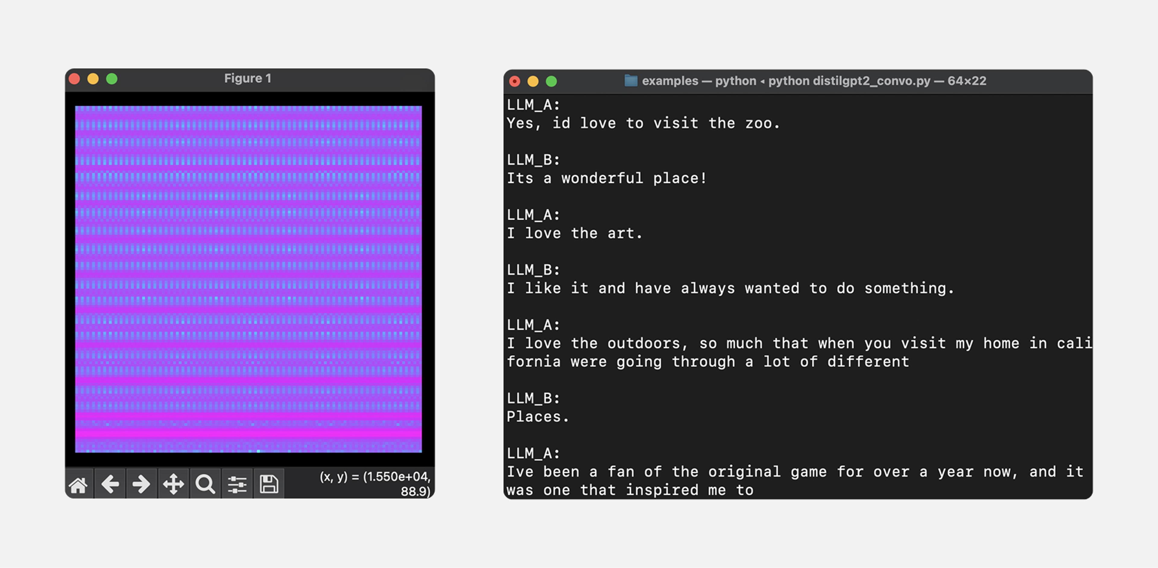Figure 7: Simulated conversation between two DistilGPT2 models