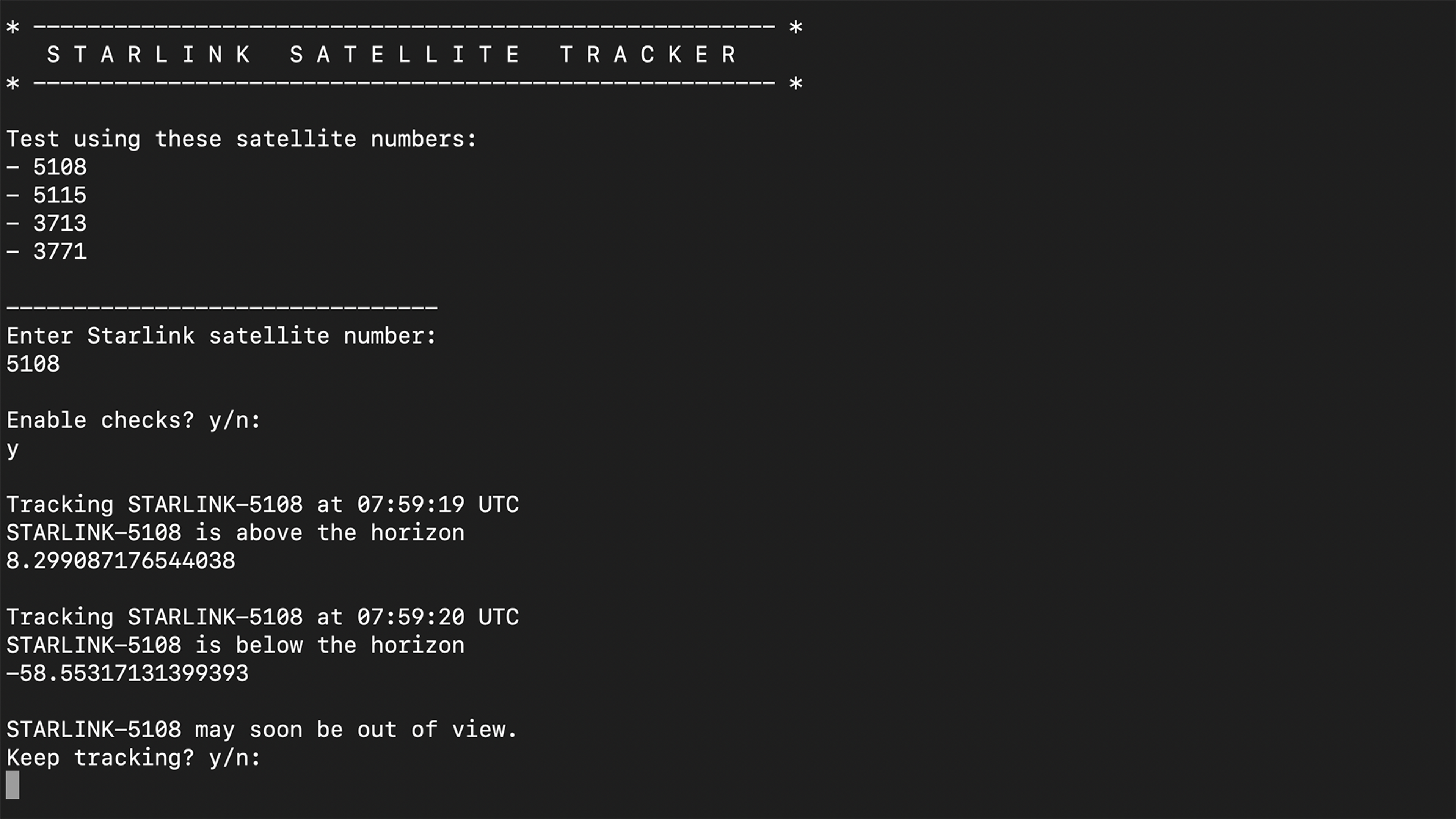 Screenshot of a Python program returning coordinates of Starlink satellites relative to my given location.