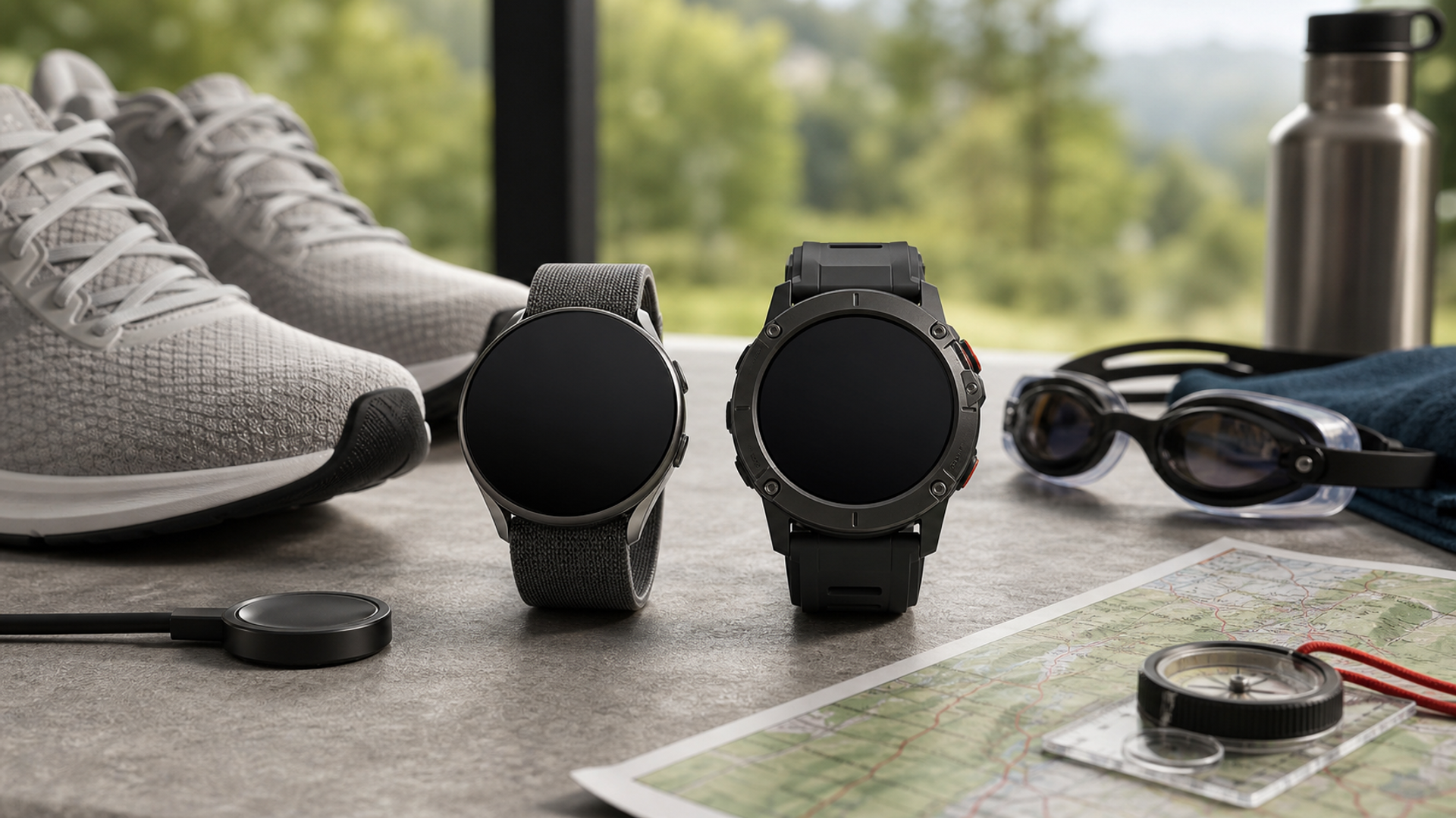 A slim everyday smartwatch and a rugged outdoor smartwatch displayed side by side with health, battery and travel equipment