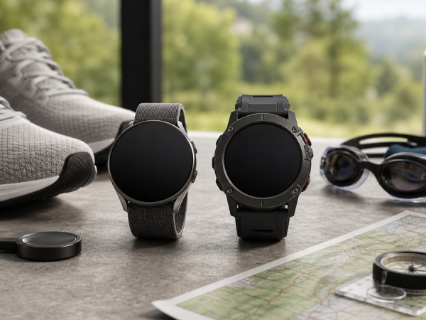 A slim everyday smartwatch and a rugged outdoor smartwatch displayed side by side with health, battery and travel equipment