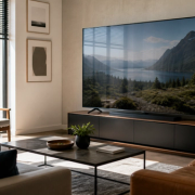 Bright living room television viewed against windows and reflections