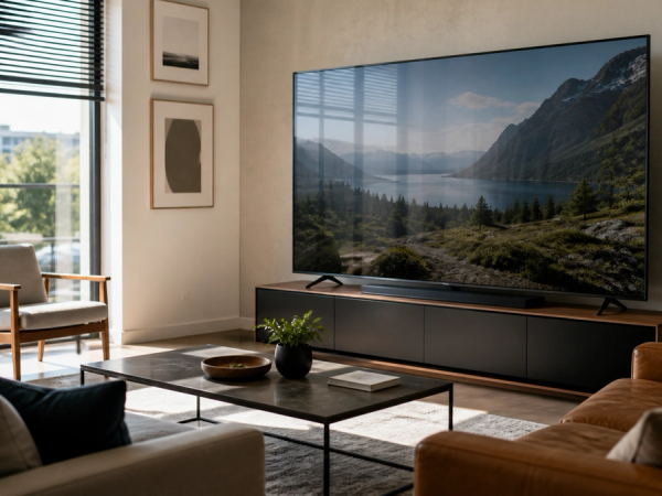 Bright living room television viewed against windows and reflections