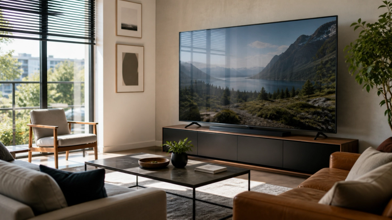 Bright living room television viewed against windows and reflections