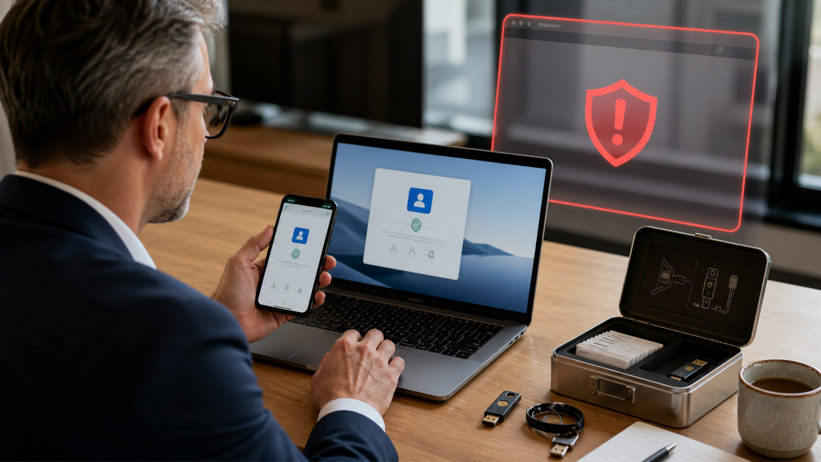 Executive using a passkey on phone and laptop with phishing blocked and recovery options ready