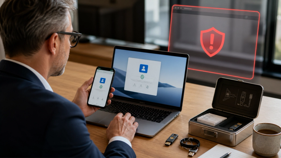 Executive using a passkey on phone and laptop with phishing blocked and recovery options ready