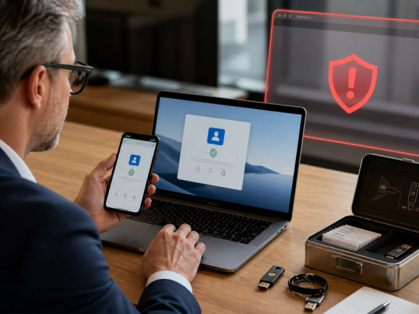 Executive using a passkey on phone and laptop with phishing blocked and recovery options ready