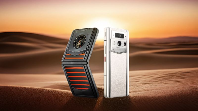 A detailed view of the fine leather and metal finish on a VERTU Agent Q smartphone.