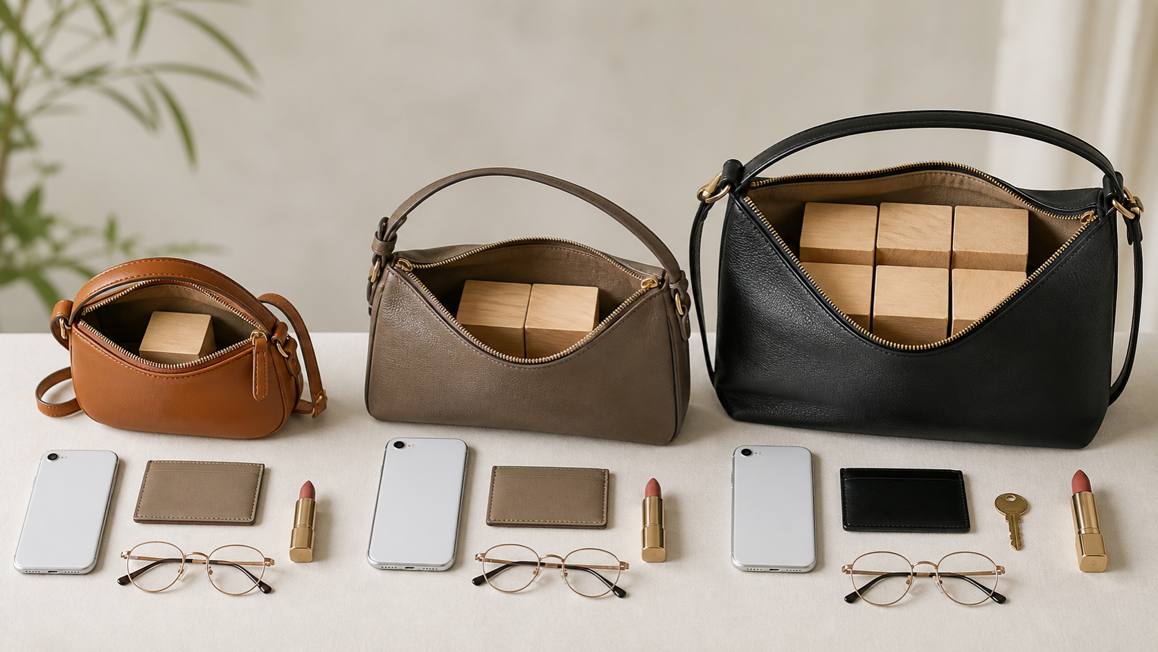 Small designer bags tested with a phone, keys, cards and glasses for real usable capacity