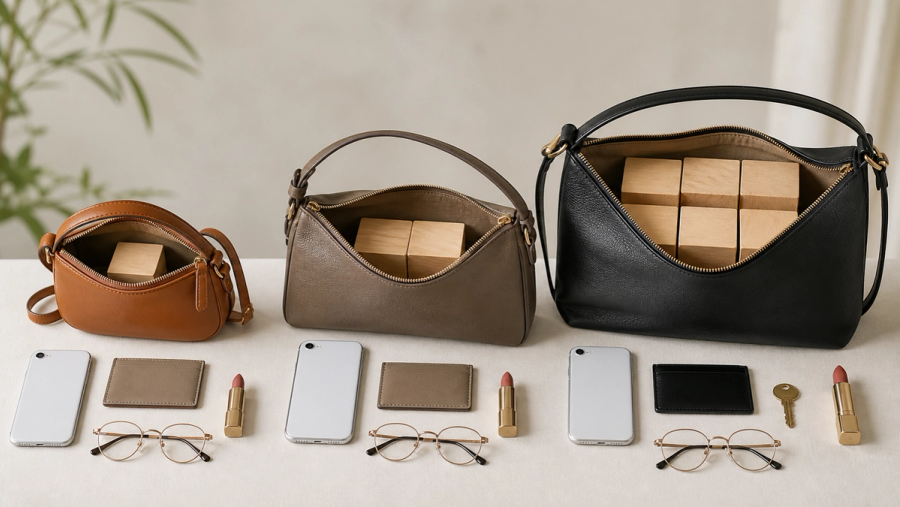 Small designer bags tested with a phone, keys, cards and glasses for real usable capacity