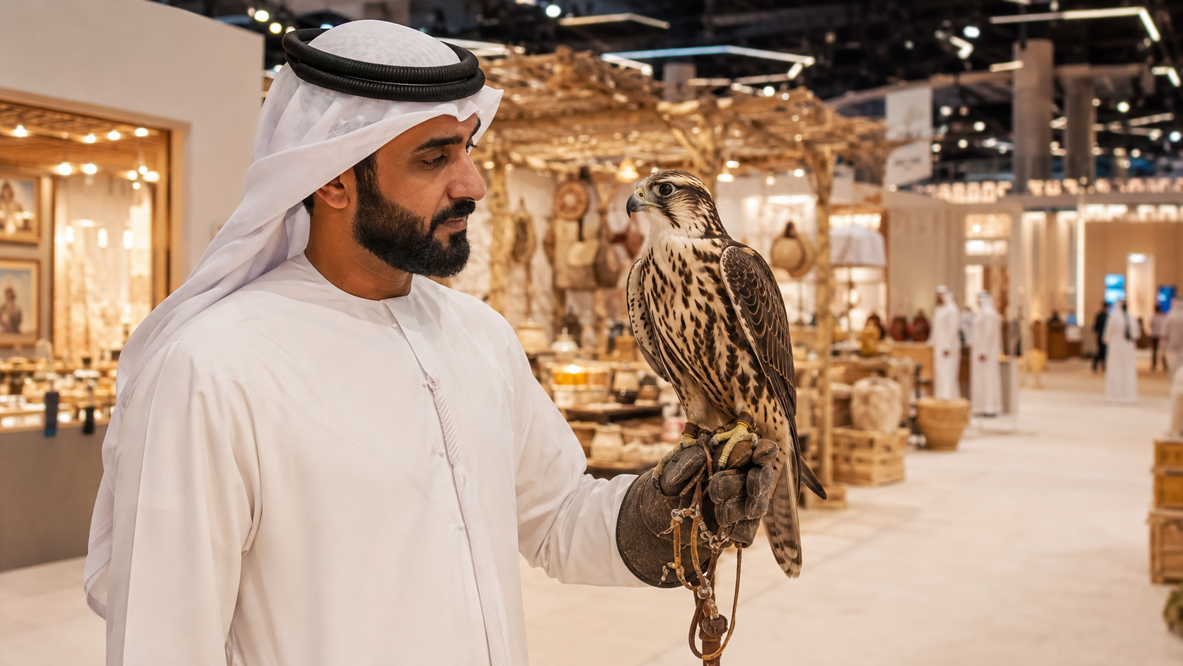 Falconer and heritage craft displays inside an Abu Dhabi exhibition hall