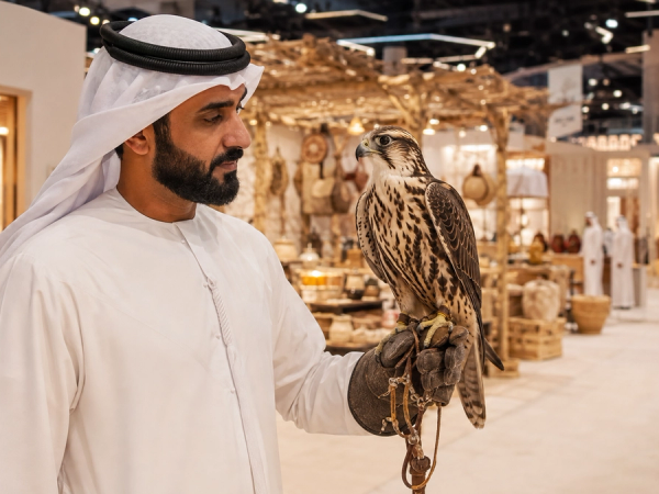 Falconer and heritage craft displays inside an Abu Dhabi exhibition hall