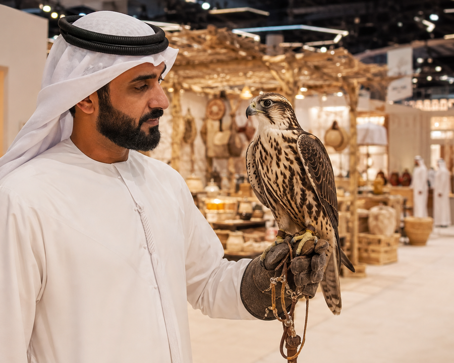 Falconer and heritage craft displays inside an Abu Dhabi exhibition hall