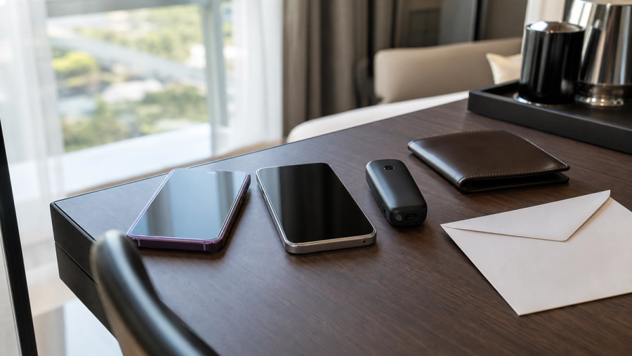 Two unbranded premium phones on a hotel desk beside a second device, recovery-code envelope and passport wallet, realistic daylight, no logos or readable text