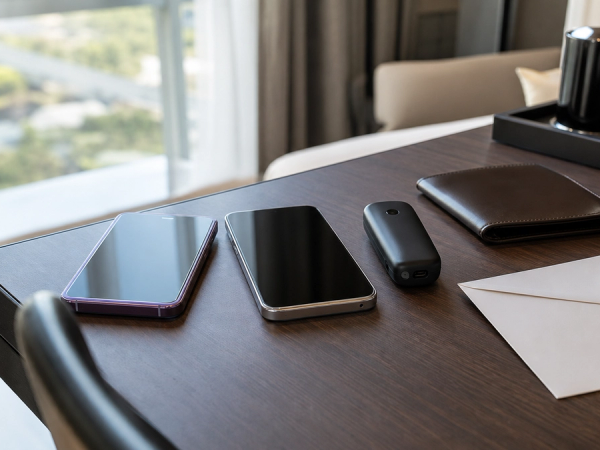 Two unbranded premium phones on a hotel desk beside a second device, recovery-code envelope and passport wallet, realistic daylight, no logos or readable text