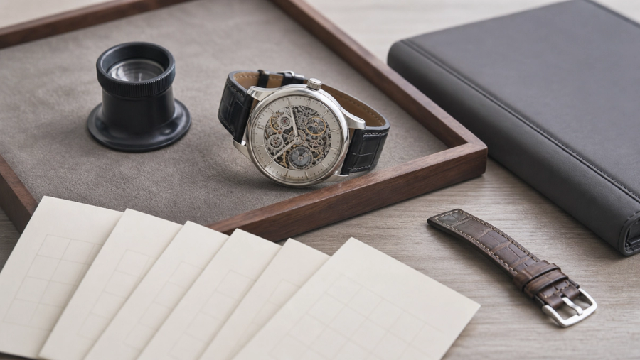 A single mechanical watch on a watchmaker tray beside a five-year calendar, loupe, insurance folder and spare strap, neutral daylight, no visible brand or text