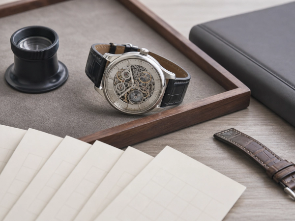 A single mechanical watch on a watchmaker tray beside a five-year calendar, loupe, insurance folder and spare strap, neutral daylight, no visible brand or text