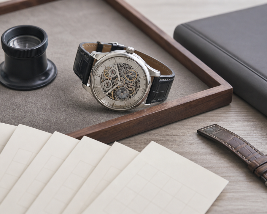 A single mechanical watch on a watchmaker tray beside a five-year calendar, loupe, insurance folder and spare strap, neutral daylight, no visible brand or text