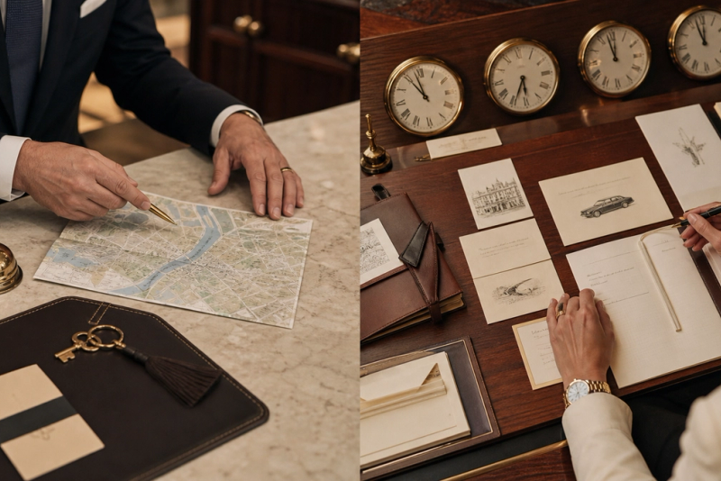 A hotel concierge desk and a personal travel coordination desk compared side by side