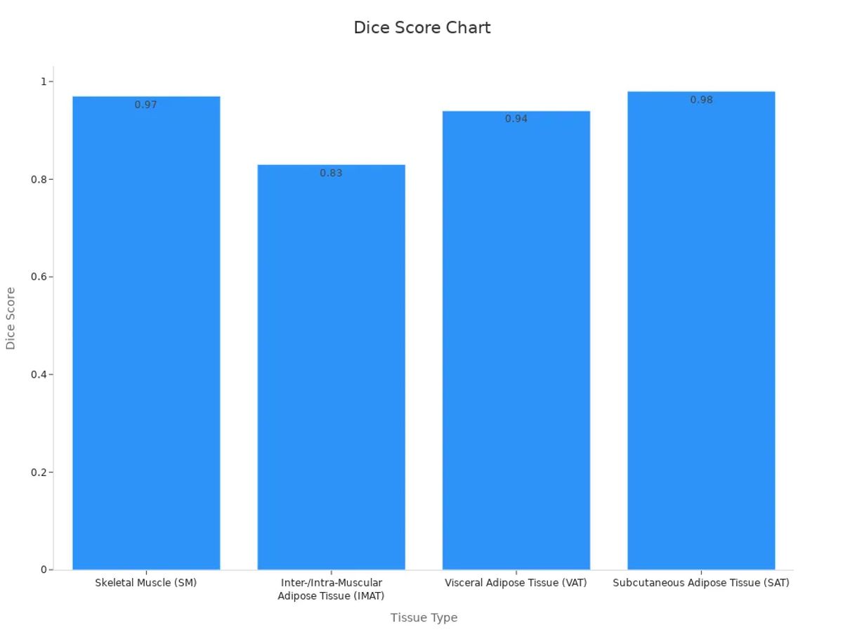 Bar chart showing dice scores for various tissue types.