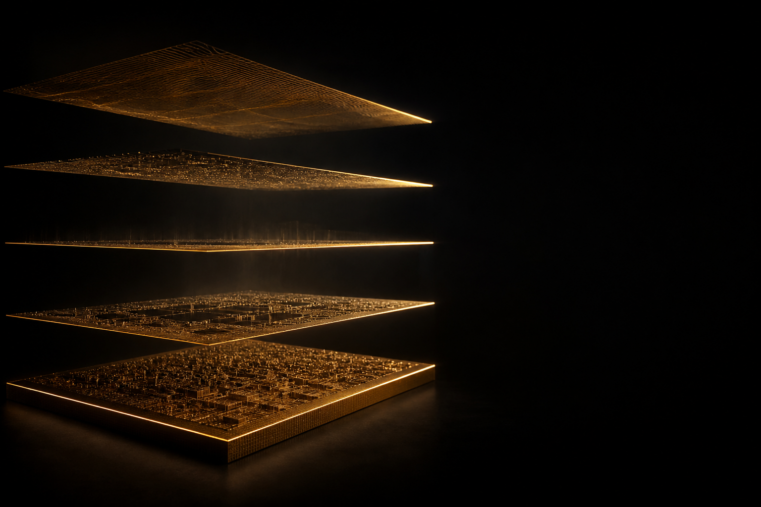 Five horizontally stacked gold filament layers suspended in dark space, each illuminated from one edge — visual metaphor for McKinsey's five-layer headless ERP architecture: value task control, agent operating model, human-agent collaboration, business semantic layer, and trusted core data and transaction base.