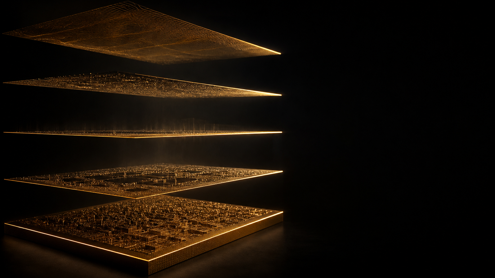 Five horizontally stacked gold filament layers suspended in dark space, each illuminated from one edge — visual metaphor for McKinsey's five-layer headless ERP architecture: value task control, agent operating model, human-agent collaboration, business semantic layer, and trusted core data and transaction base.