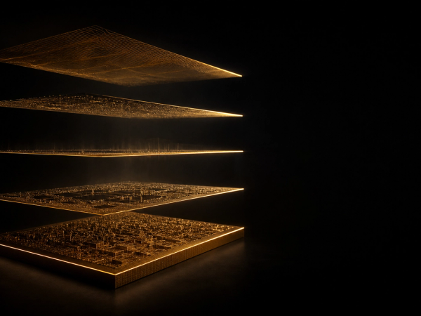 Five horizontally stacked gold filament layers suspended in dark space, each illuminated from one edge — visual metaphor for McKinsey's five-layer headless ERP architecture: value task control, agent operating model, human-agent collaboration, business semantic layer, and trusted core data and transaction base.