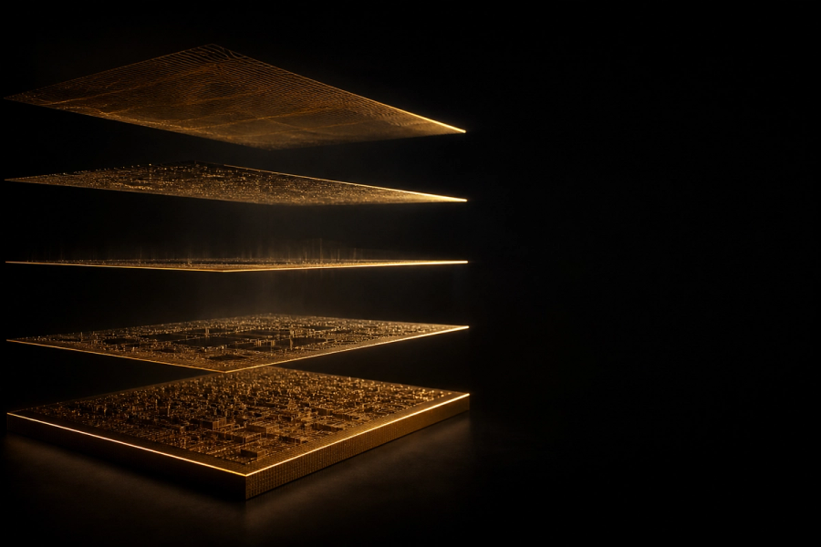 Five horizontally stacked gold filament layers suspended in dark space, each illuminated from one edge — visual metaphor for McKinsey's five-layer headless ERP architecture: value task control, agent operating model, human-agent collaboration, business semantic layer, and trusted core data and transaction base.