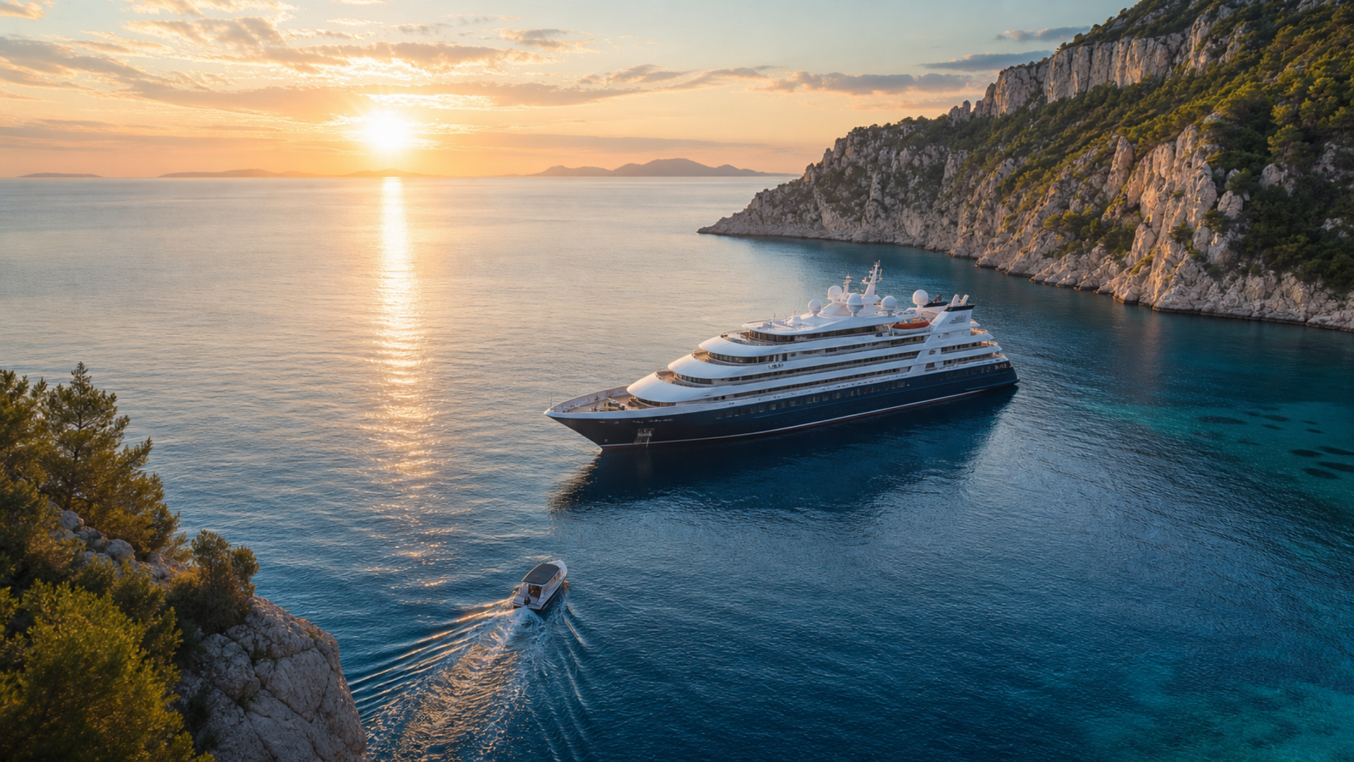 Small luxury cruise ship anchored in a secluded Mediterranean bay