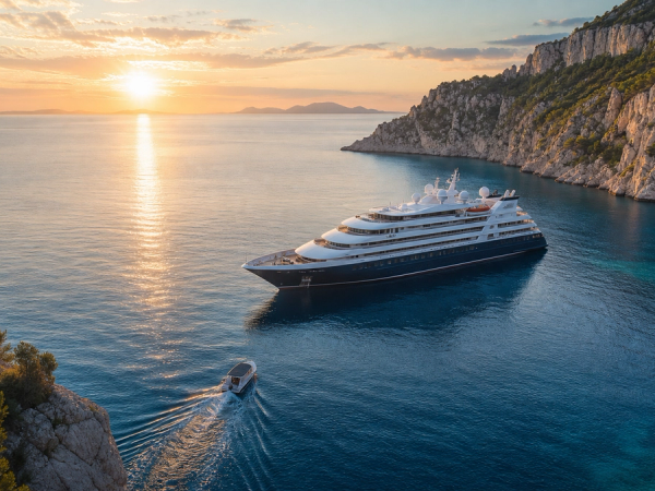 Small luxury cruise ship anchored in a secluded Mediterranean bay