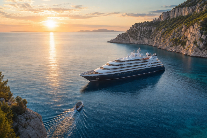 Small luxury cruise ship anchored in a secluded Mediterranean bay