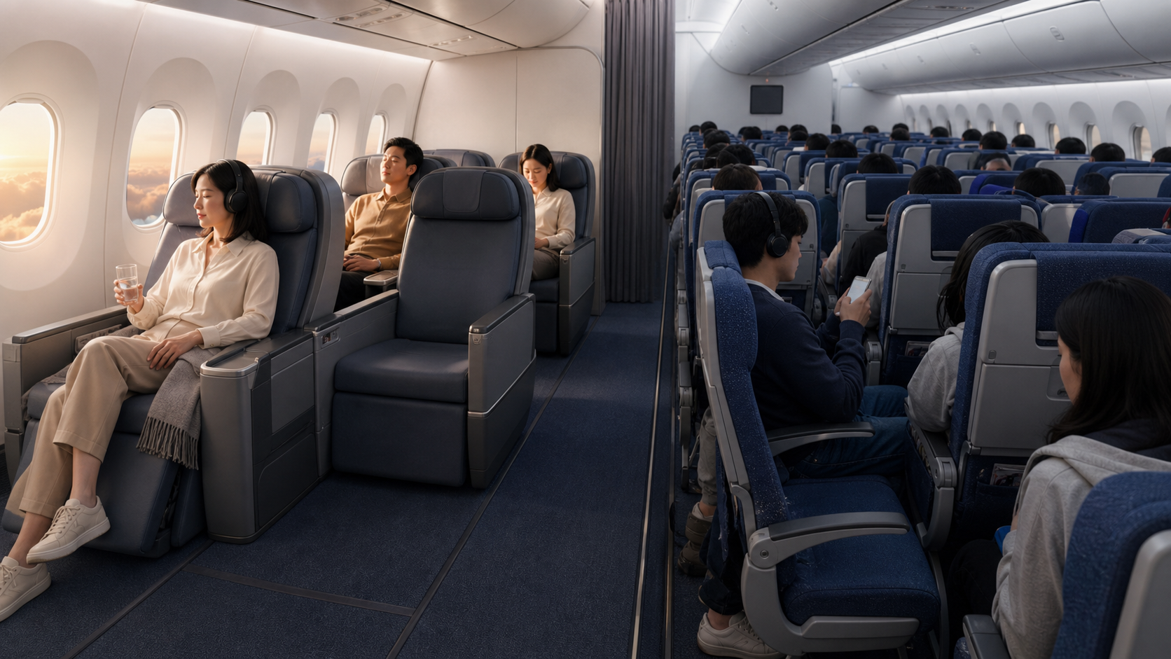 Wide Premium and Economy seats compared by pitch, width and cabin layout
